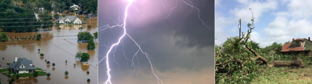 photo collage of flooding, lightning, and wind storm damage.