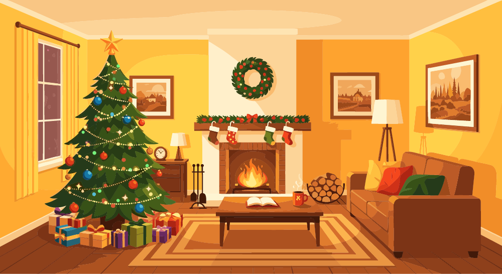 Illustration of living room decorated for Christmas with christmas tree, wreath, stockings by the fireplace.